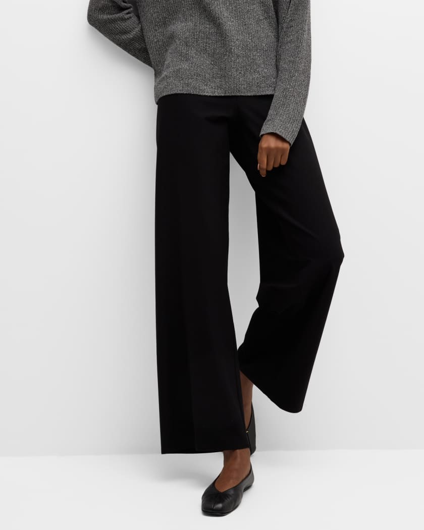 Eileen Fisher Washable Stretch Crepe Knit High Waisted Flared Wide Leg  Pull-On Pants