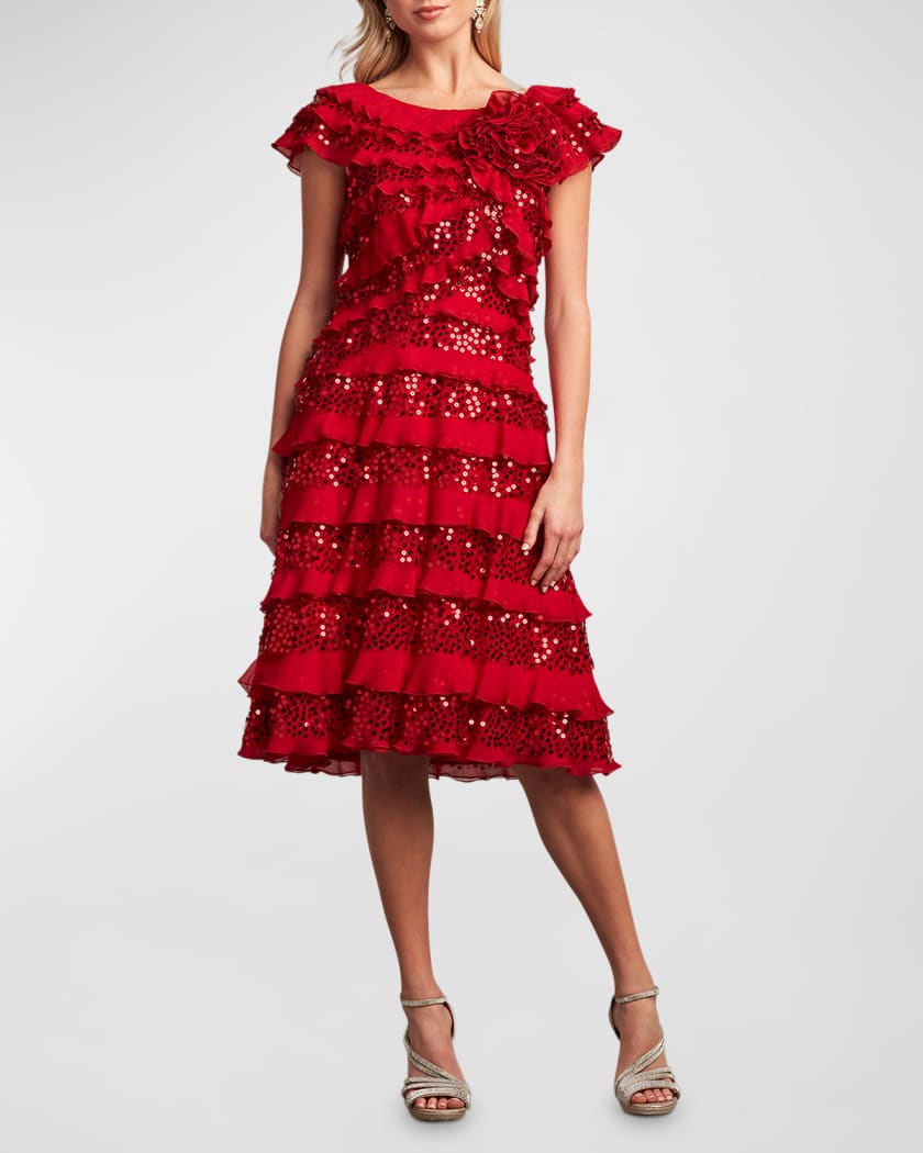 Tadashi Shoji Sequin Ruffle-Trim A-Line Midi Dress | Neiman Marcus