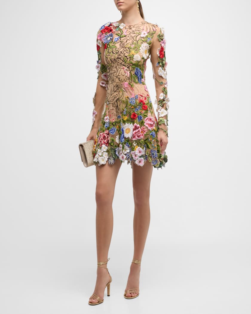 Oscar de la Renta Unfinished Floral Embroidered Long-Sleeve Sheer Mini Dress
