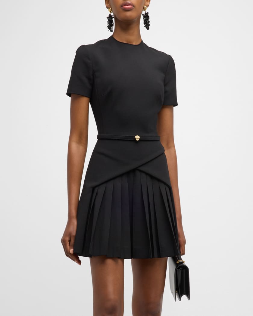 Oscar de la Renta Wool-Blend Short Dress with Pleated Detail