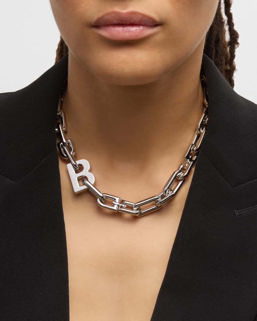 Balenciaga B Chain Thin Necklace, Silvertone