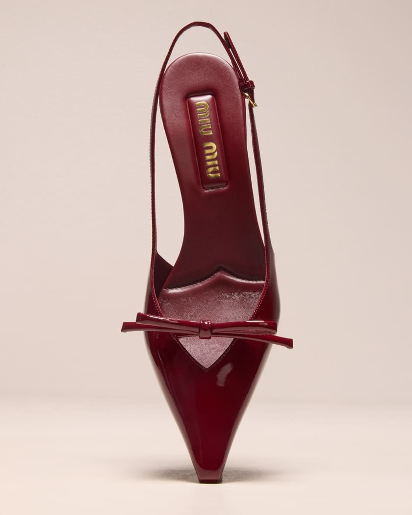 PRADA Burgundy Red Patent Leather Black Bow Pointed Toe Kitten