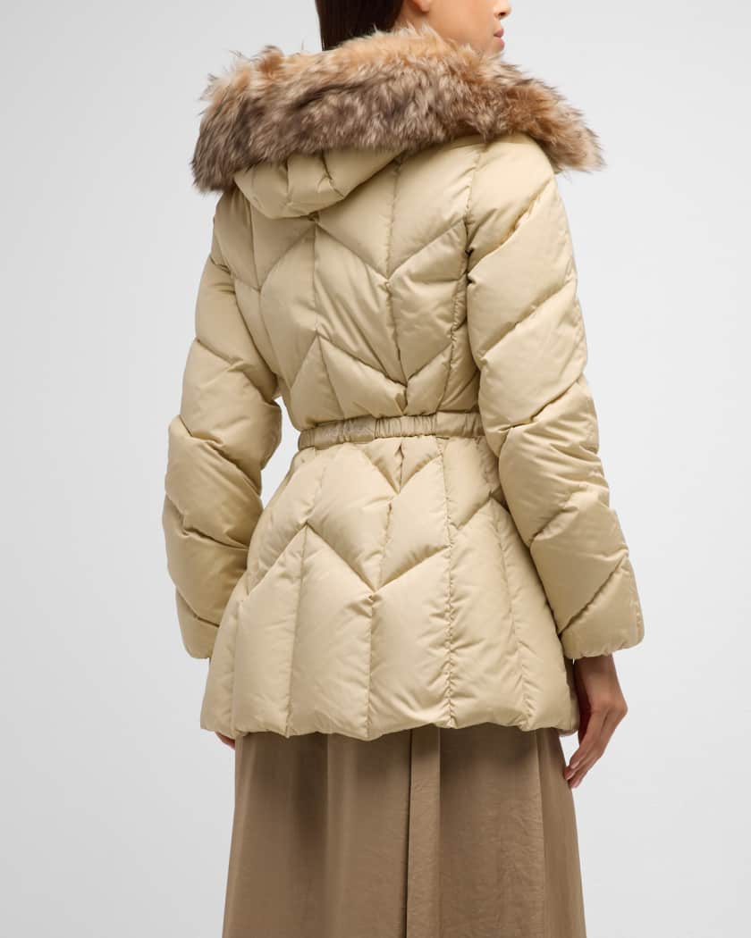 Beige Down Jacket with Brown Furs Collar and Branded Belt Louis Vuitton