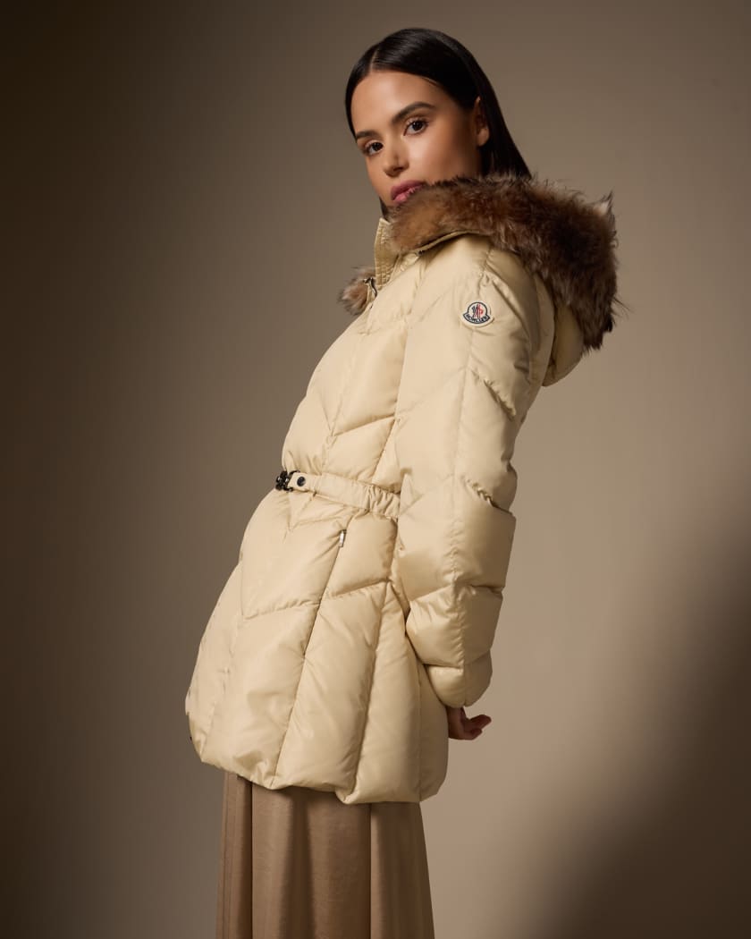 Moncler Women's Marre Long Puffer Coat with Shearling Trim