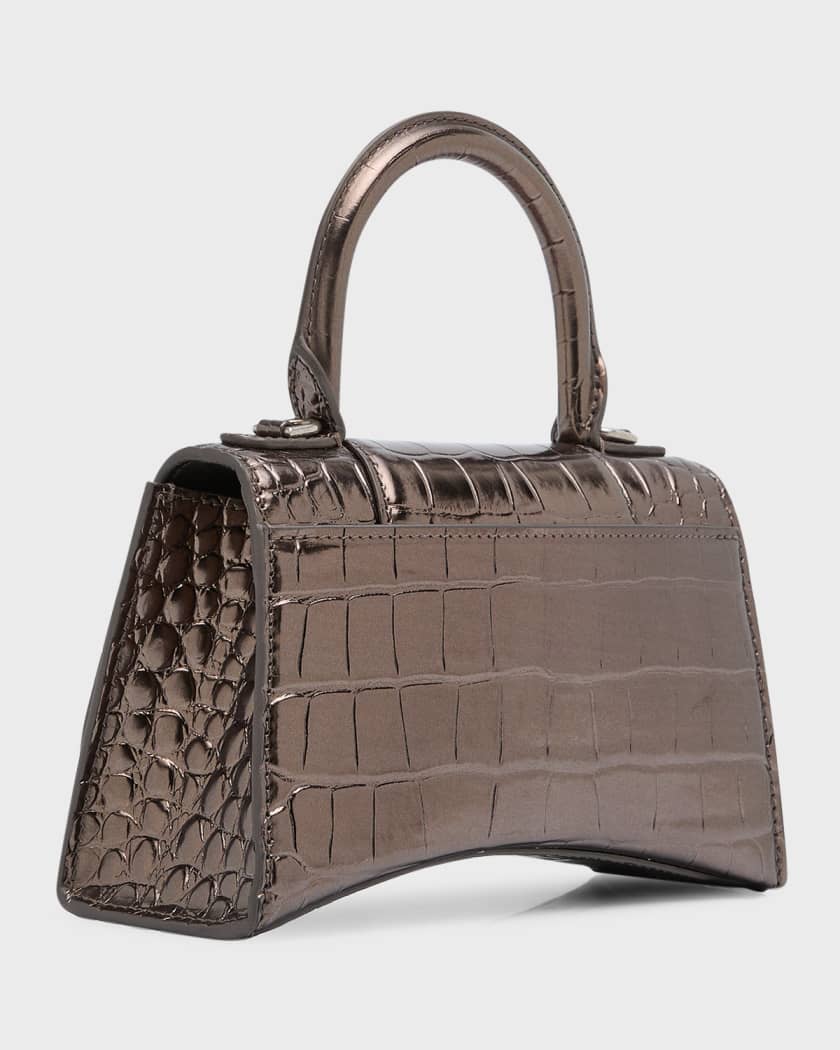 Balenciaga Hourglass Top Handle Bag Small Crocodile Embossed Grey