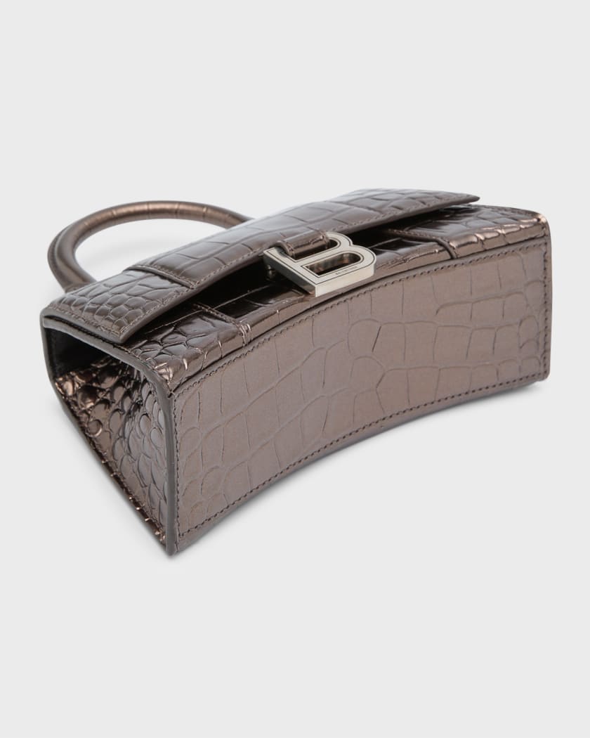 BALENCIAGA Calfskin Crocodile Embossed Hourglass Top Handle Bag XS Beige  1166793