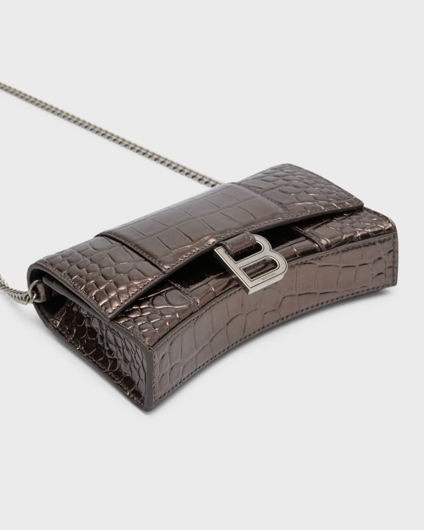Balenciaga Hourglass Metallic Croc-Embossed Wallet on Chain