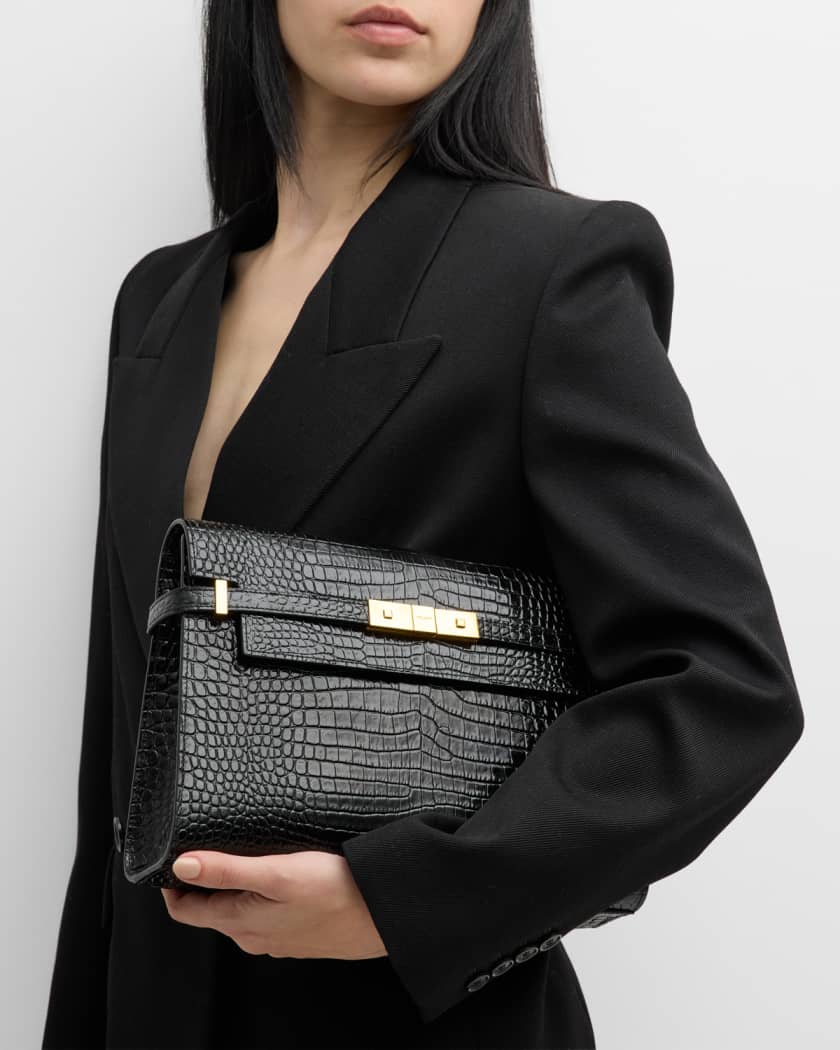 Shop Saint Laurent LOU LOU CAMERA BAG IN CROCODILE-EMBOSSED SHINY