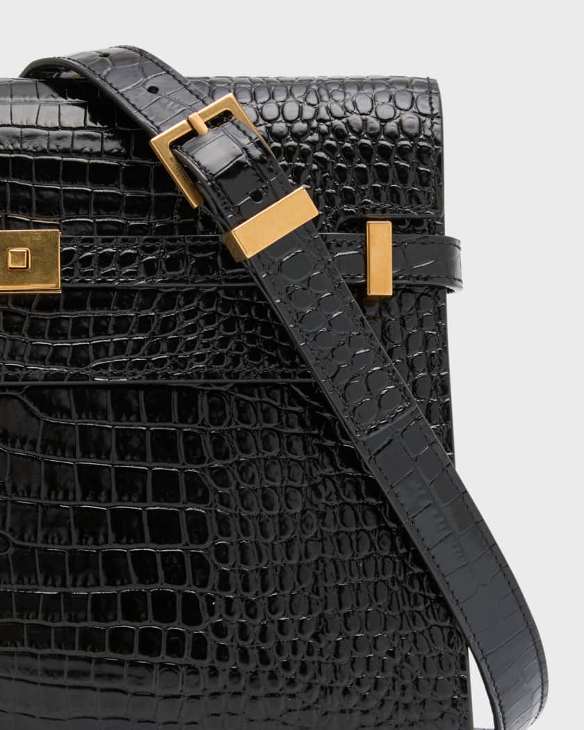 Saint Laurent Medium Manhattan Croc Embossed Patent Leather Shoulder Bag in Noir