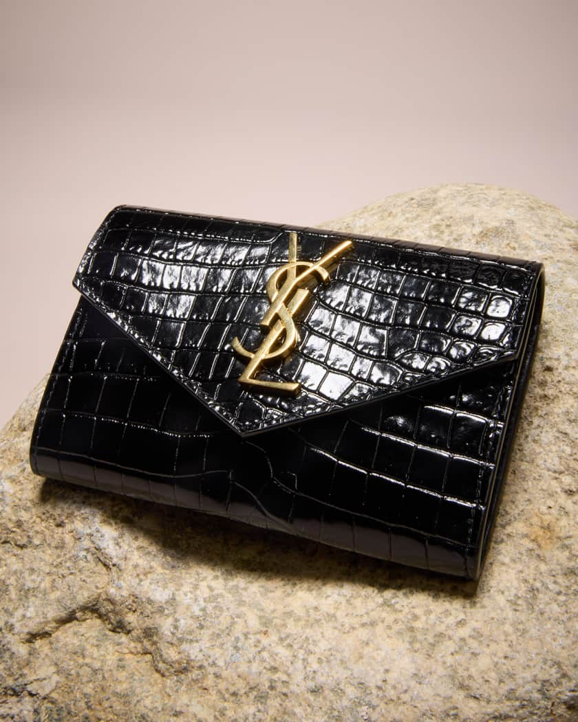 Saint Laurent Uptown Leather Clutch - Black Croc/Gold