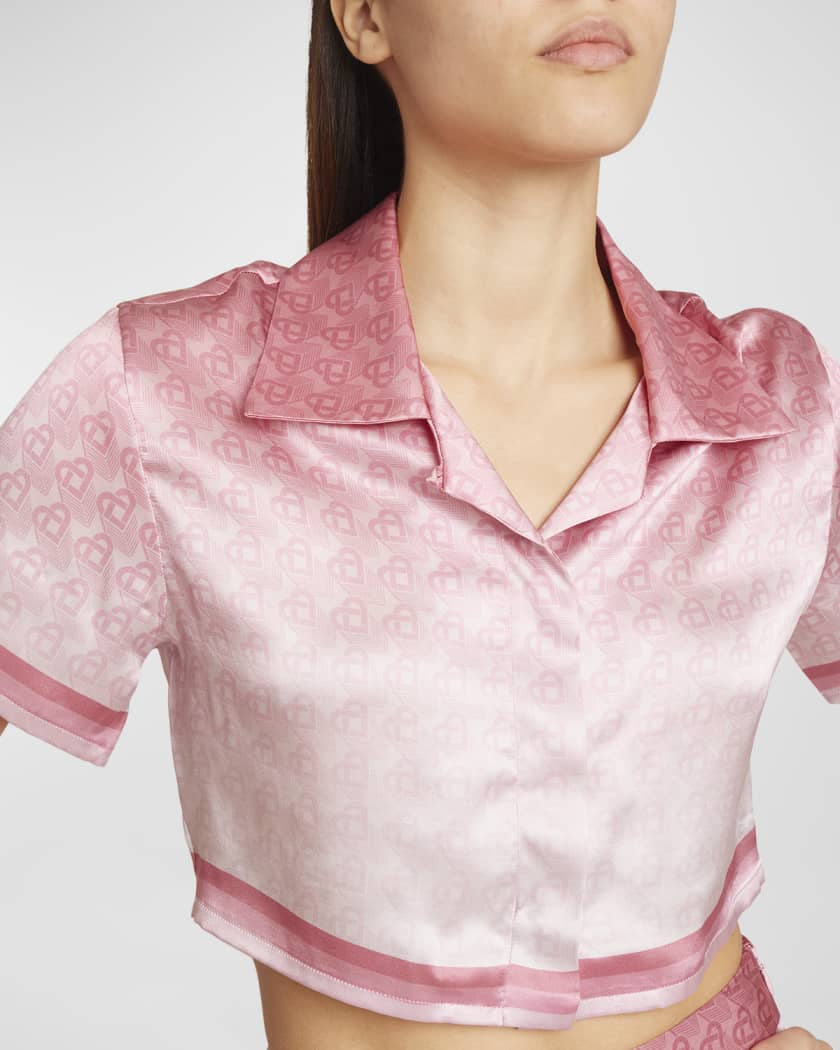 Cuban-Collar Degrade-Print Short-Sleeve Silk Crop Shirt