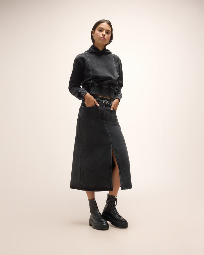 Black denim a line midi skirt hot sale
