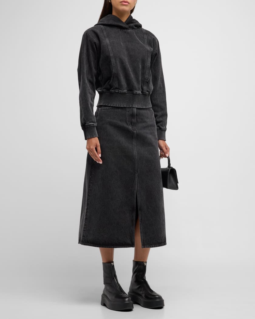 Black denim a line midi skirt top