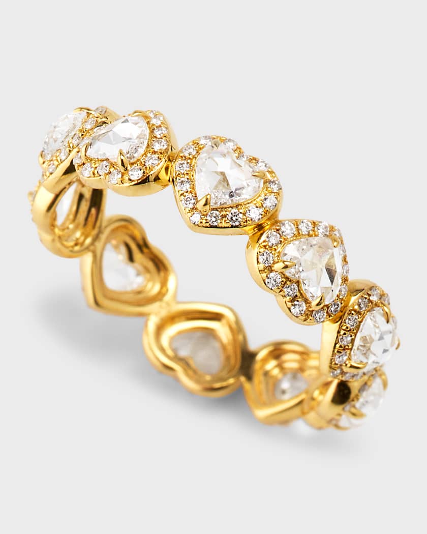 64 Facets 18K Yellow Gold Heart Diamond Scallop Eternity Ring