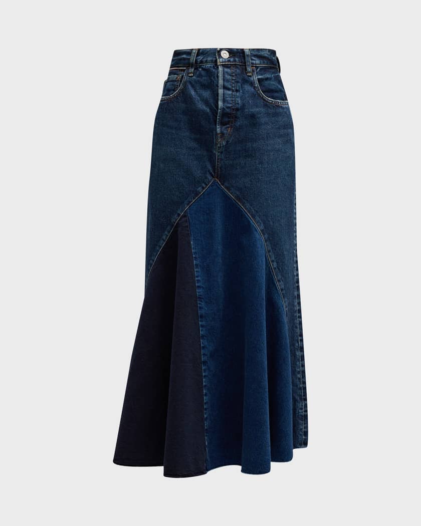 MOUSSY VINTAGE Vicksburg A Line Multi Tone Denim Maxi Skirt