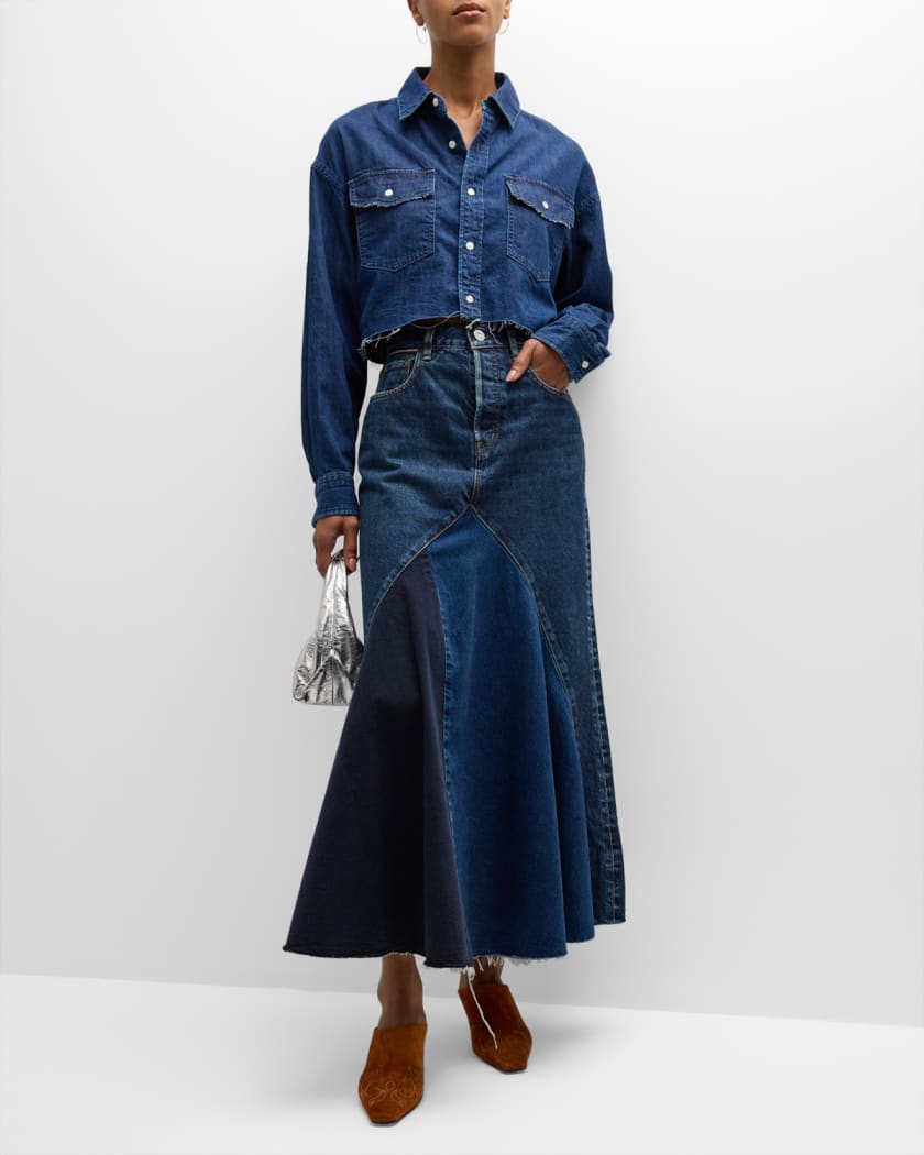 MOUSSY VINTAGE Vicksburg A Line Multi Tone Denim Maxi Skirt