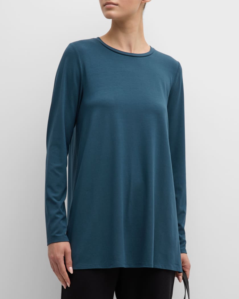 Eileen Fisher Petite Size Tencel Jersey Long Sleeve Side Slit Crew