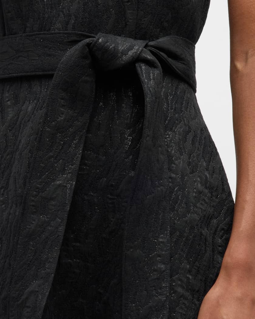 Black Oriental Jacquard Ruched Tie Waist Bodycon Dress