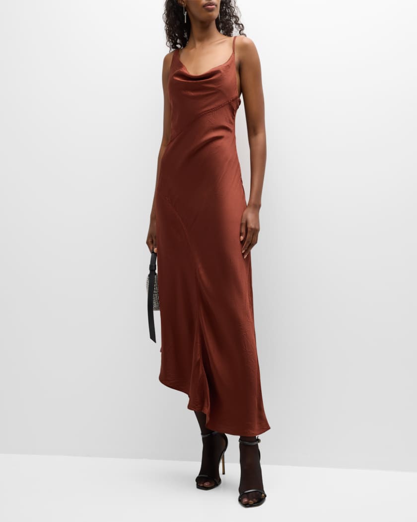 Asymmetric-hem Slip Dress - Dark brown - Ladies