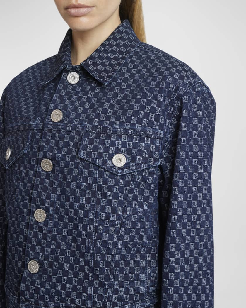 Luis Vuitton Blurry Giant Monogram Collarless Denim Jacket worn by