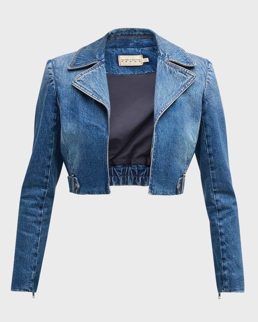 Alice + Olivia Yardley Cropped Denim Moto Jacket | Neiman Marcus