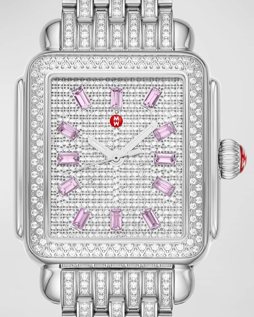 Limited Edition Deco Stainless Steel Pink Sapphire and Pave Diamond Watch