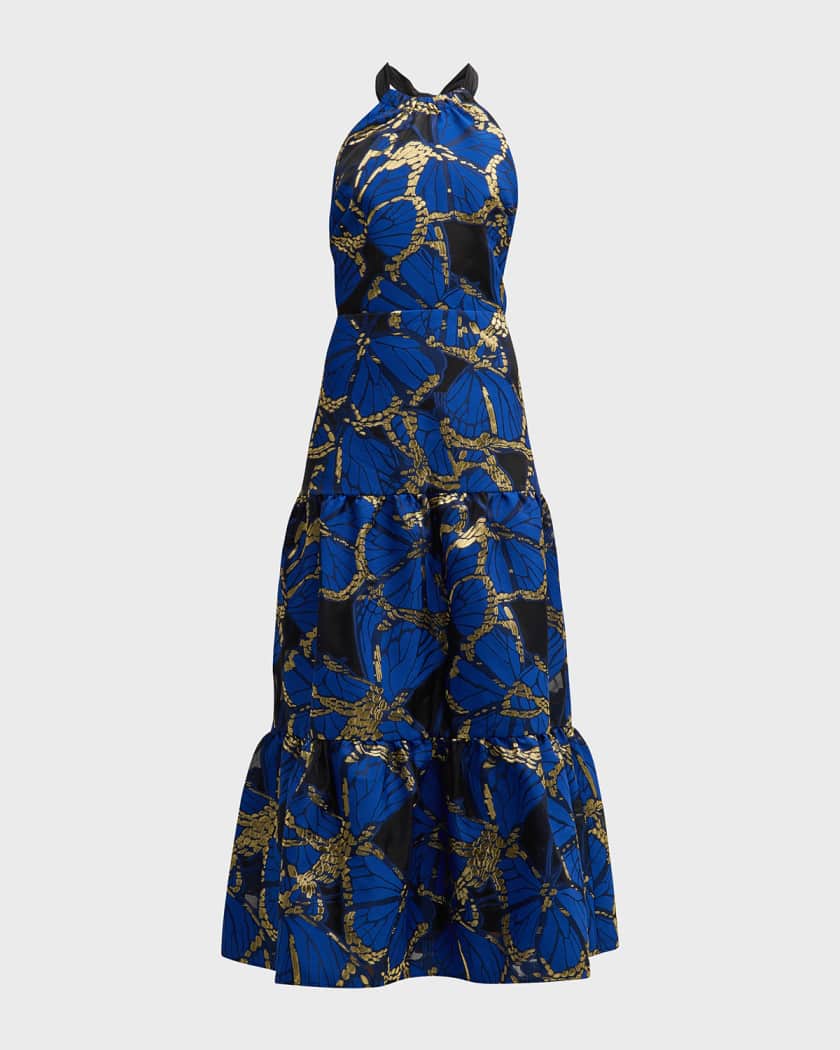Hayden Tiered Butterfly Jacquard Halter Dress