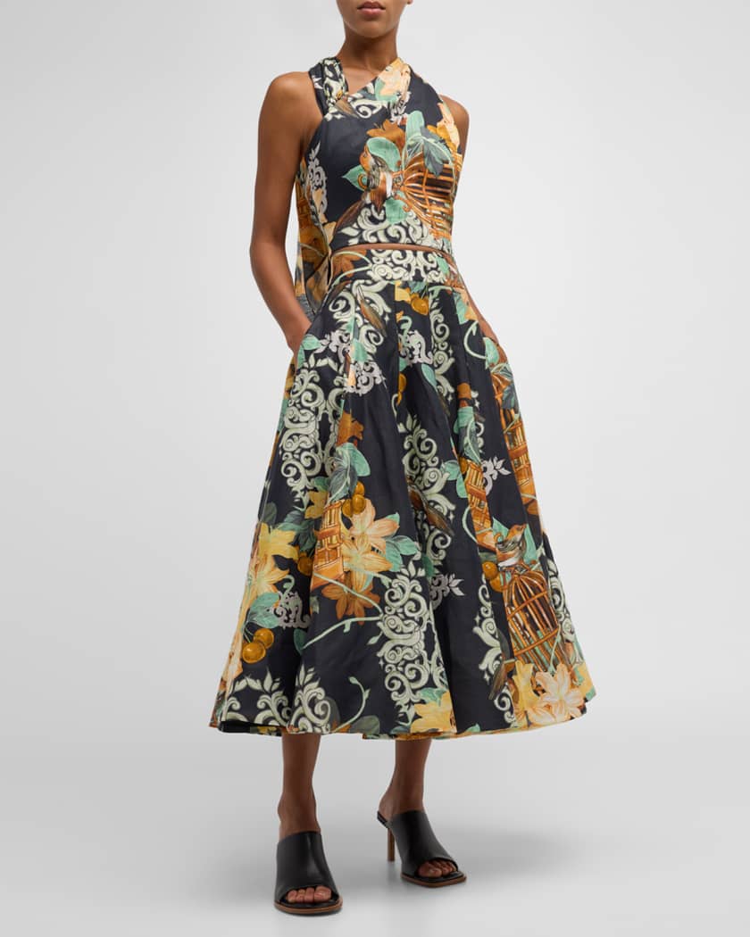 LEO LIN Myla Paneled Floral-Print Midi Skirt | Neiman Marcus