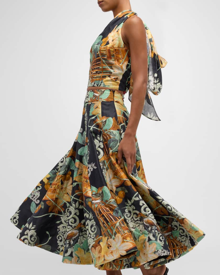 LEO LIN Myla Paneled Floral-Print Midi Skirt | Neiman Marcus
