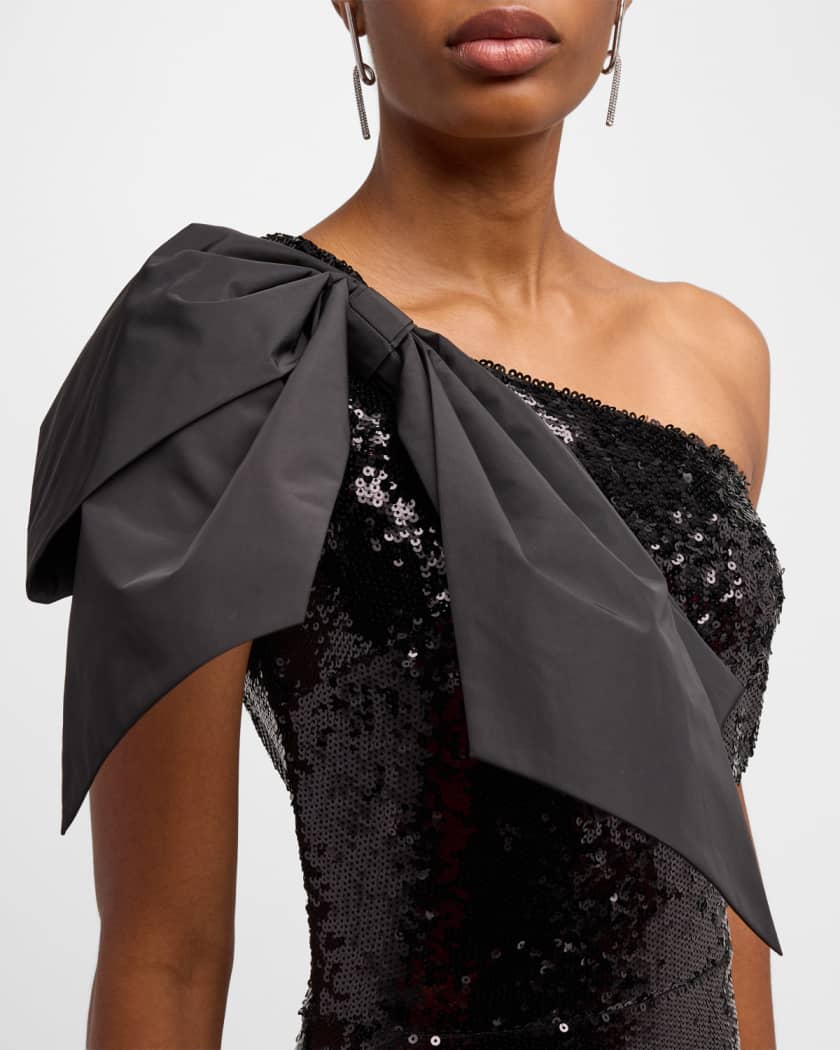 Bader Sequin One Shoulder Bow Midi Dress