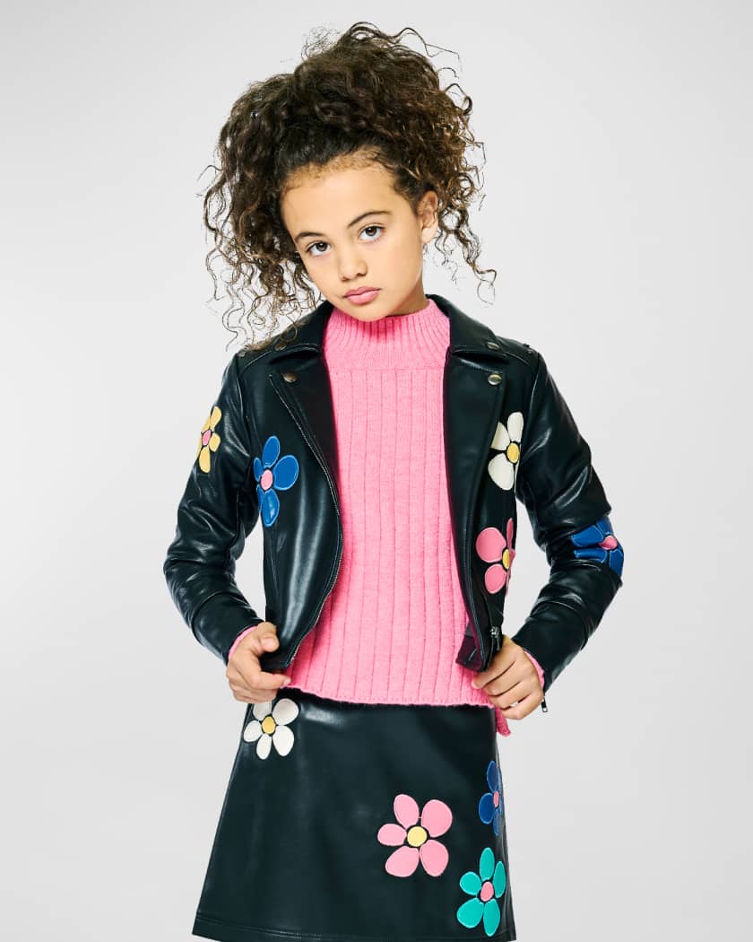 Hannah Banana Girl s Faux Leather Floral Patched Jacket Size 7 14