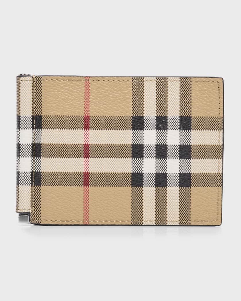 Vintage check and leather money clip card case best sale