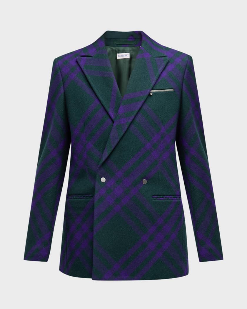 Burberry Check Zip-Pocket Double-Breasted Wool Tailored Jacket