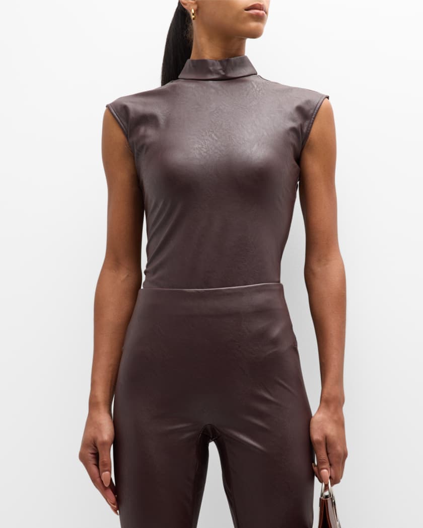 SPANX LEATHER-LIKE MOCK NECK BODYSUIT - CHERRY CHOCOLATE