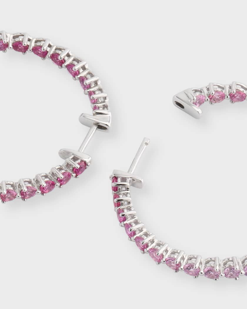 Pink Sapphire and Diamond Hoop Earrings, 18K White Gold