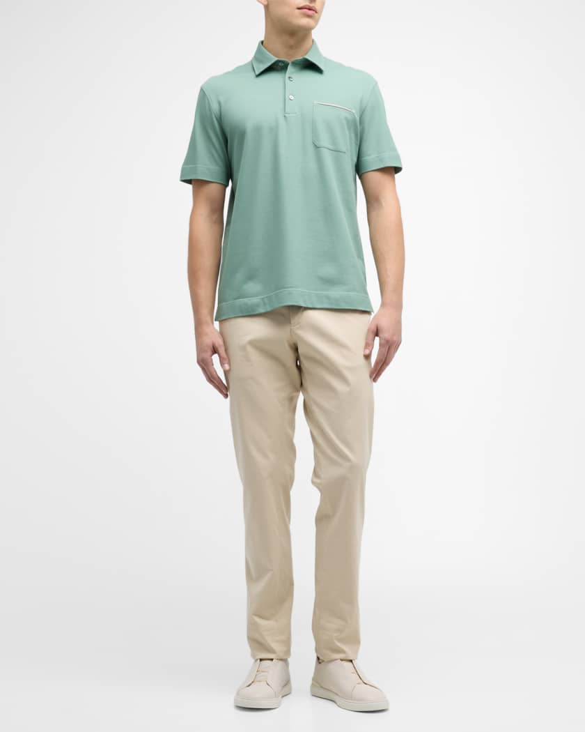 ZEGNA Men's Cotton Polo Shirt with Leather-Trim Pocket | Neiman Marcus