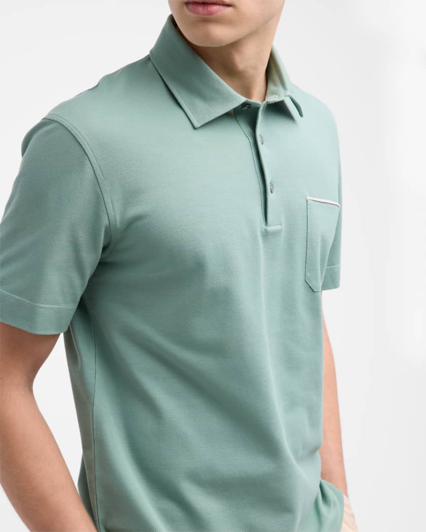 Men's Cotton Polo Shirt with Leather-Trim Pocket