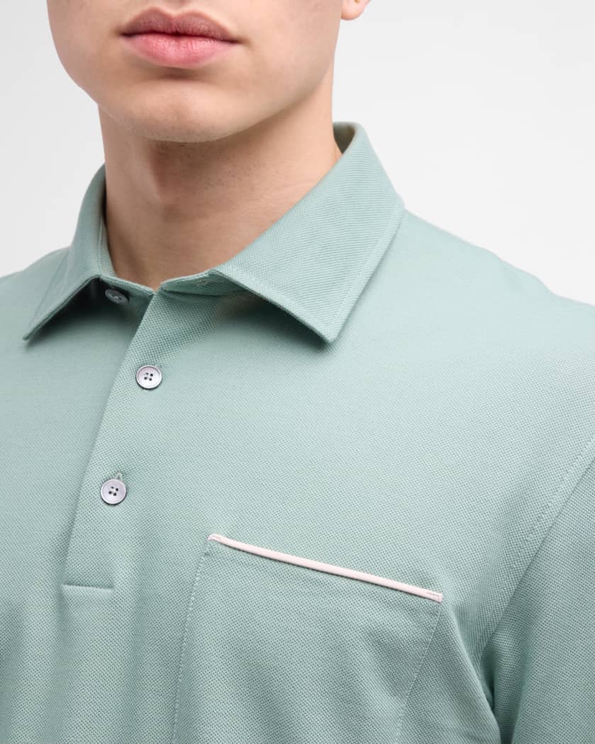 Men's Cotton Polo Shirt with Leather-Trim Pocket