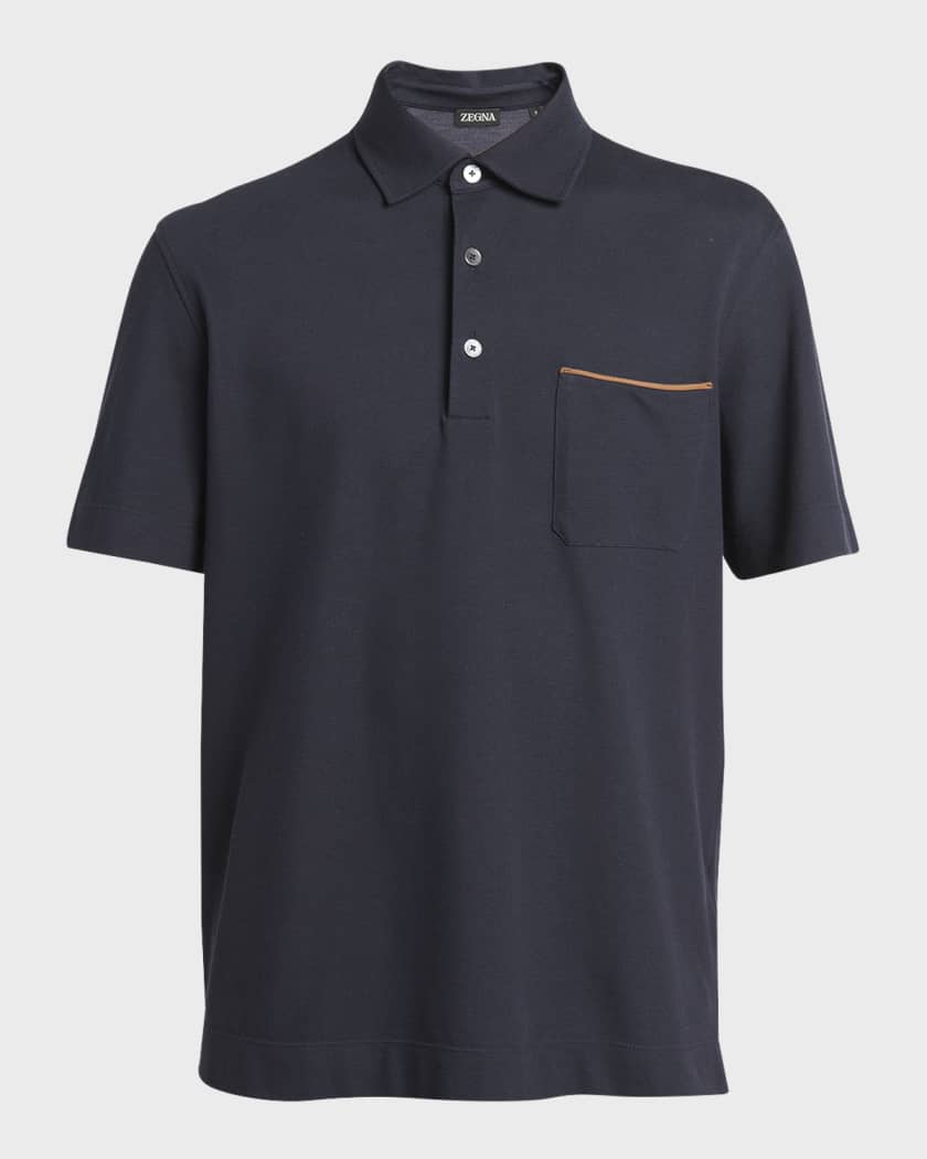 Men's Cotton Polo Shirt with Leather-Trim Pocket