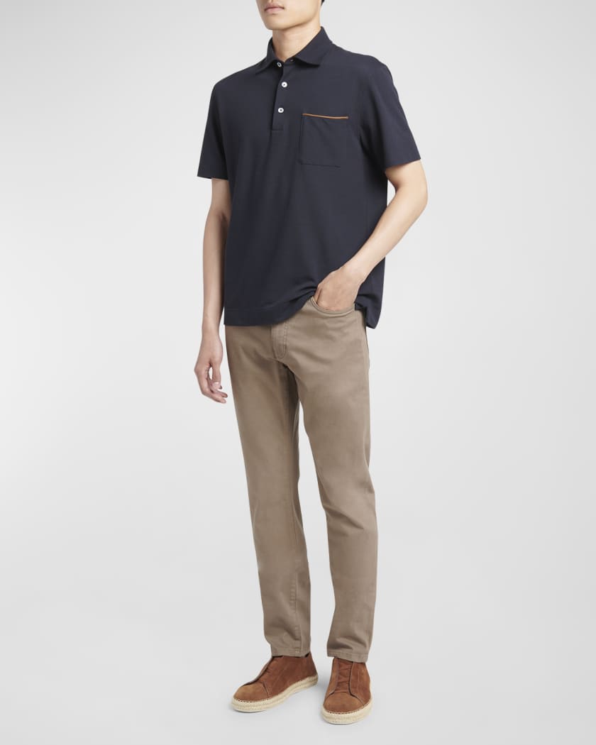 ZEGNA Men's Cotton Polo Shirt with Leather-Trim Pocket | Neiman Marcus