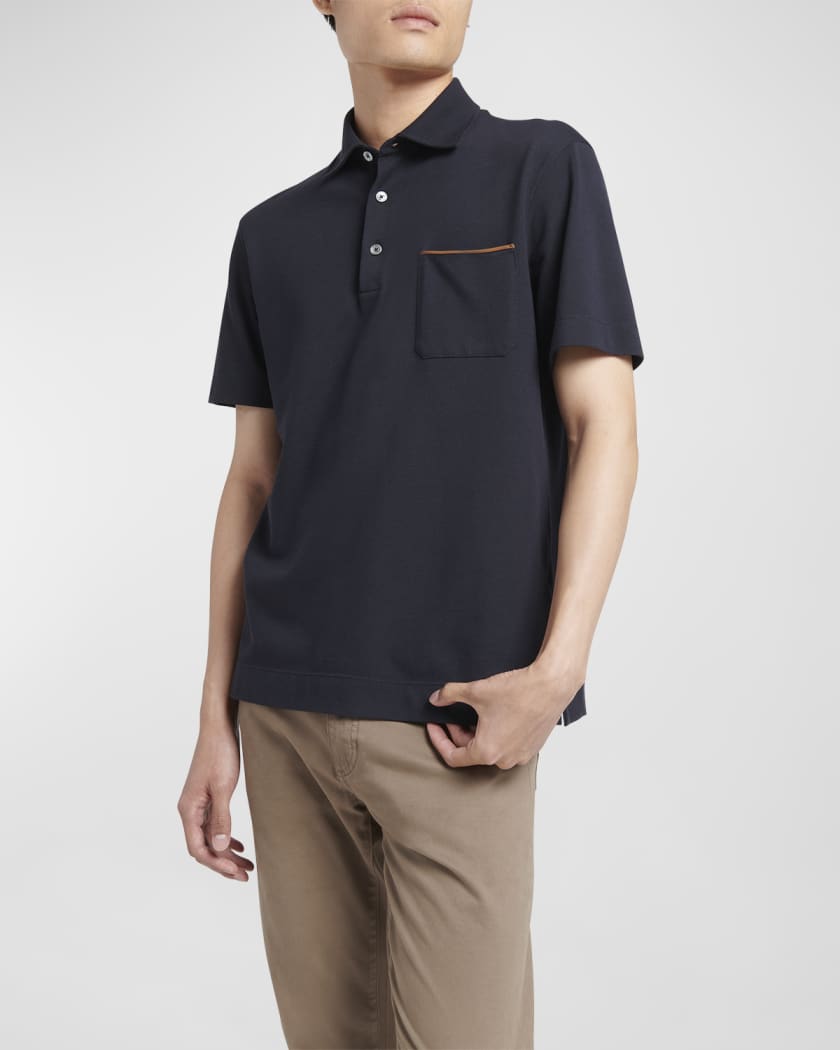 ZEGNA Men's Cotton Polo Shirt with Leather-Trim Pocket | Neiman Marcus