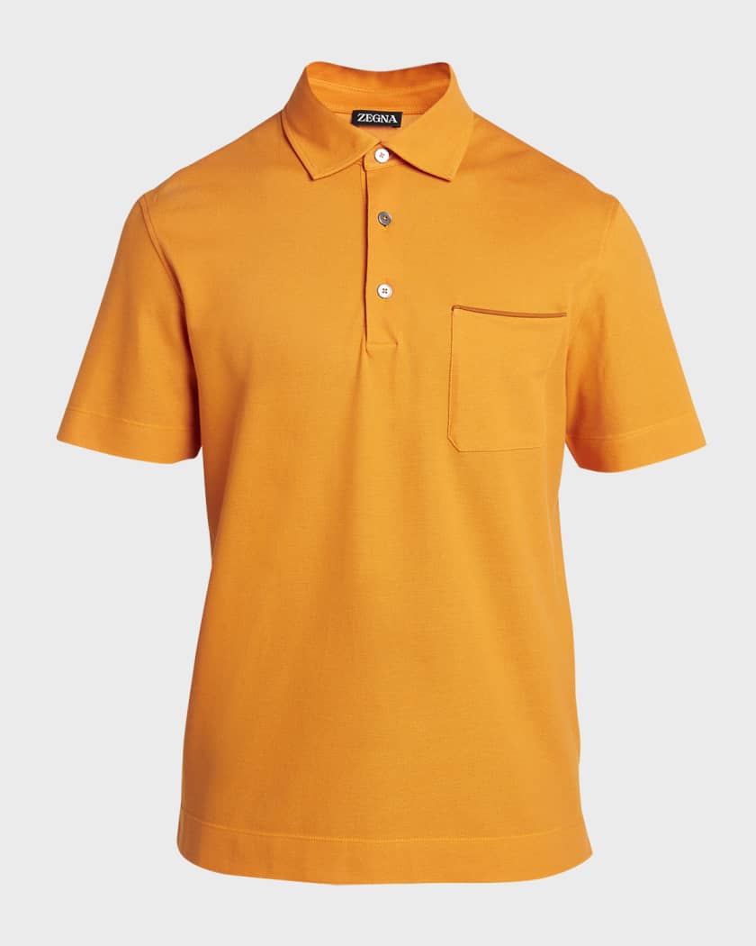 Men's Cotton Polo Shirt with Leather-Trim Pocket