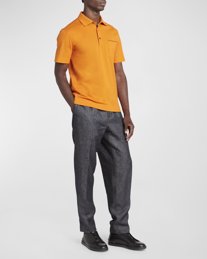 ZEGNA Men's Cotton Polo Shirt with Leather-Trim Pocket | Neiman Marcus