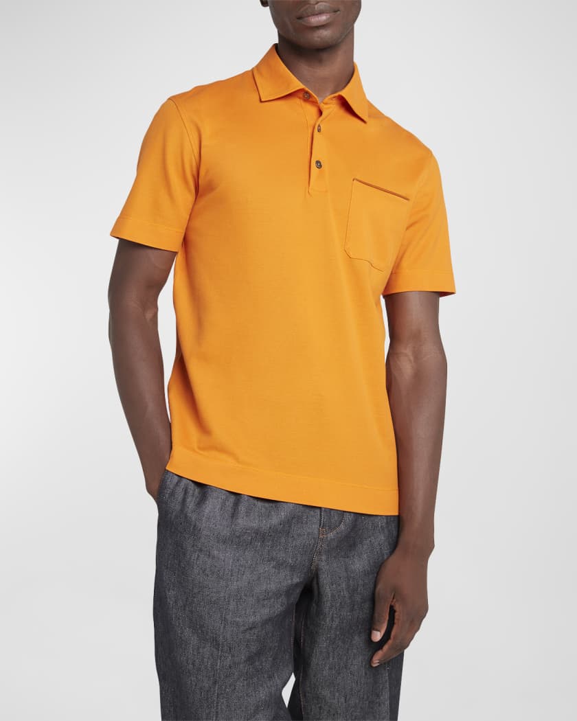 ZEGNA Men's Cotton Polo Shirt with Leather-Trim Pocket | Neiman Marcus