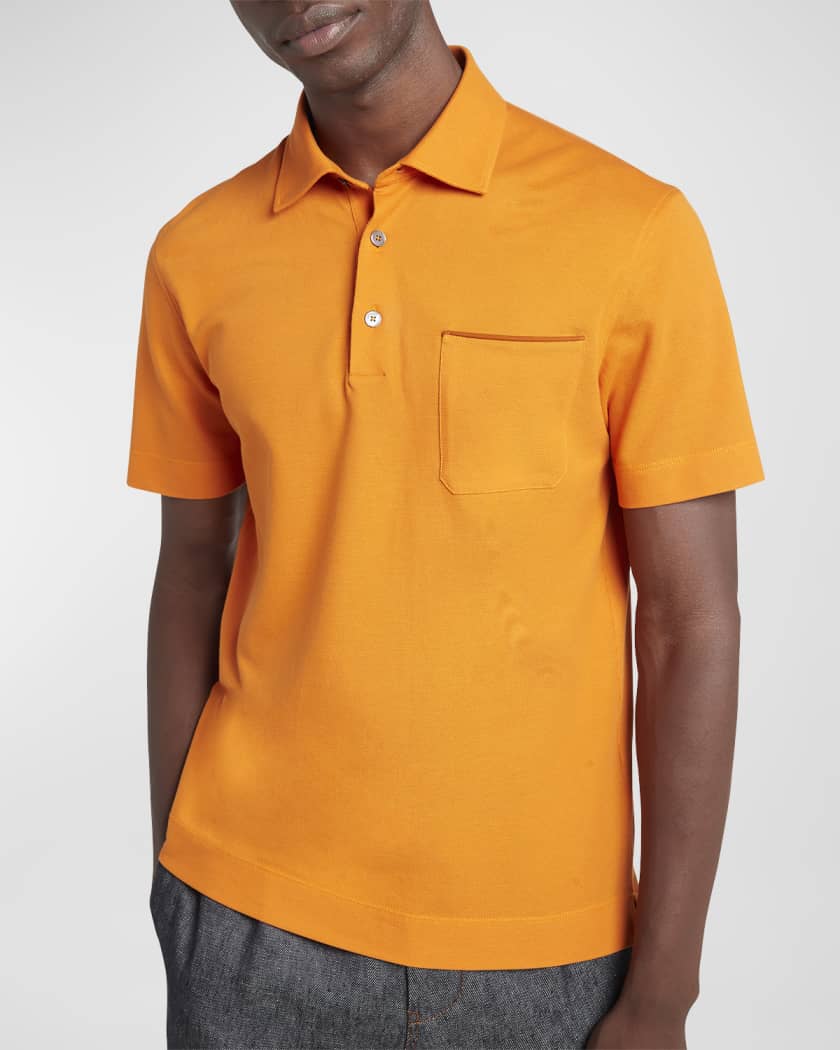 ZEGNA Men's Cotton Polo Shirt with Leather-Trim Pocket | Neiman Marcus