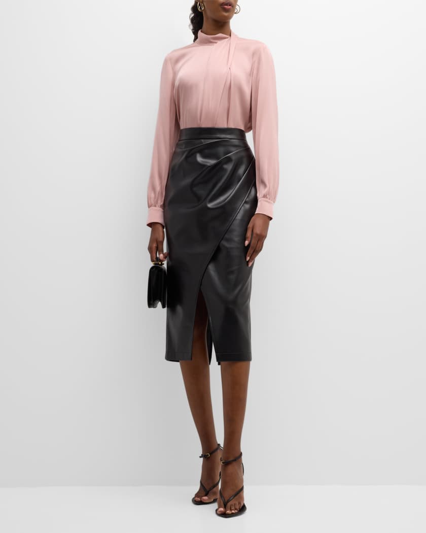 The Rebecca Ruched Vegan Leather Midi Skirt