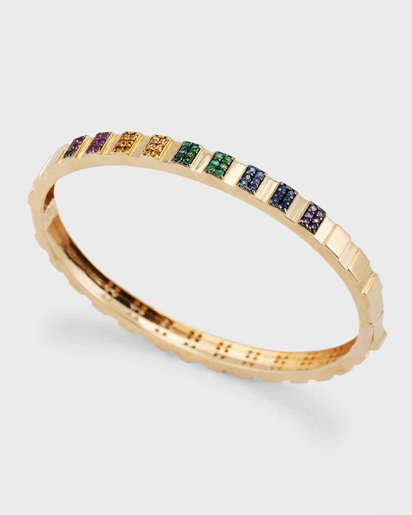 14K Gold Rectangle Rainbow Diamond-Side Bangle Bracelet in Pink Spinel,  Ruby, Sapphire, Emerald, And Amethyst