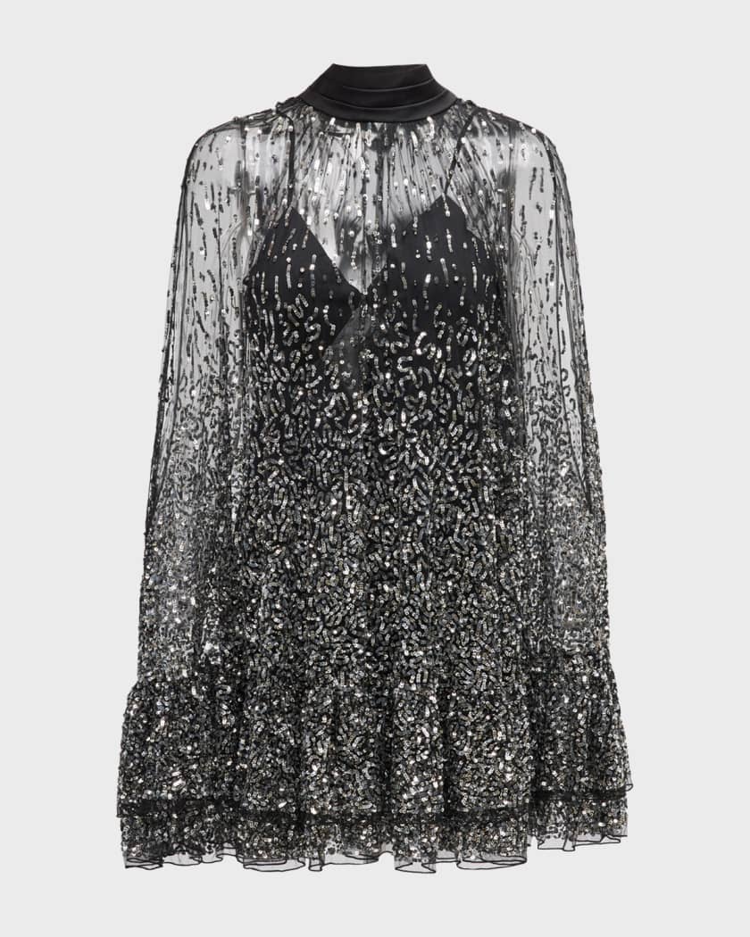 Zenon Embellished Tie Neck Cape Mini Dress