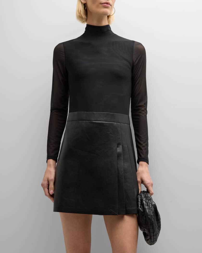 Chara Long-Sleeve Vegan Leather Pleated Mini Dress