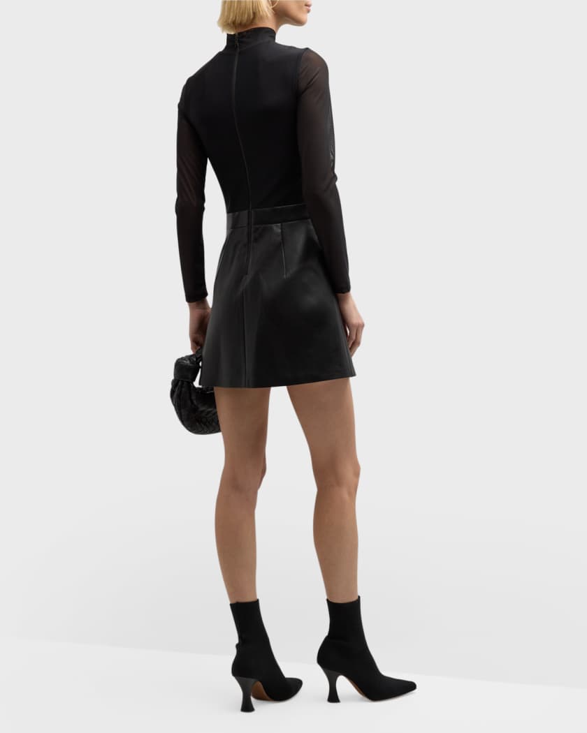 Chara Long-Sleeve Vegan Leather Pleated Mini Dress